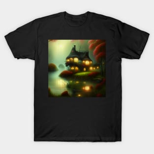 Sparkling Fantasy Cottage with Lights and Glitter Background in Forest, Scenery Nature T-Shirt